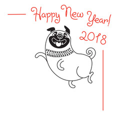 Happy 2018 New Year card. Funny pug congratulates on holiday. Dog Chinese zodiac symbol of the year. - 183608997