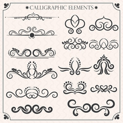 Vector set of calligraphic design elements and page decorations. Elegant collection of hand drawn swirls and curls for your design. Isolated on beige background.