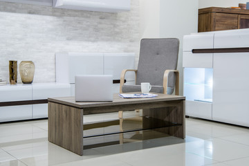 modern living room interior with laptop on table