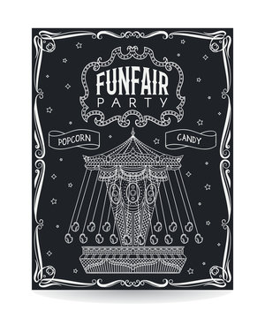 Funfair party invitation on chalkboard with vintage carousel and decorative elements. Vector illustration