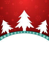 Christmas themed red and white poster with trees and snowflakes