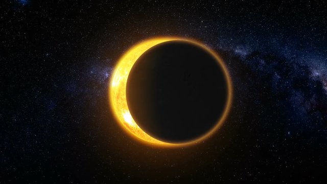 Full solar eclipse. The Moon mostly covers the visible Sun creating a gold diamond ring effect. Abstract scientific background. High detail 4k. 3D Render. Elements of this image furnished by NASA