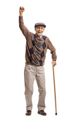 Senior with a cane gesturing happiness