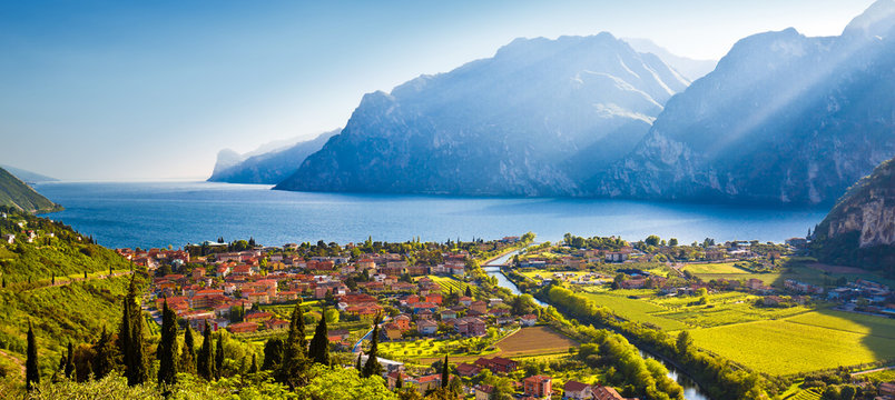 Town of Torbole and Lago di Garda sunset view