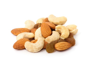 Almond and cashew nuts isolated on white