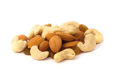 Almond and cashew nuts isolated on white