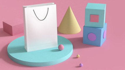 paper bag shopping concept 3d rendering abstract geometric shape group set pink background