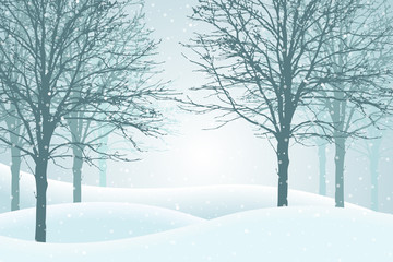 Vector illustration of winter forest with snow and mist, suitable as Christmas card