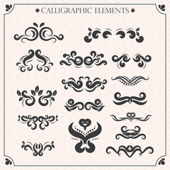 Vector set of calligraphic design elements and page decorations. Elegant collection of hand drawn swirls and curls for your design. Isolated on beige background.