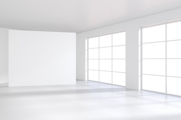 Large white billboard standing near a window in a white room. 3D rendering.