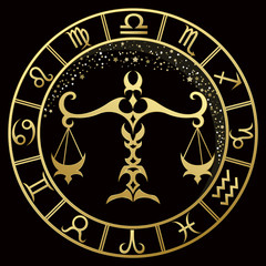Libra zodiac sign on a dark background with round gold frame