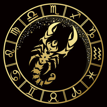 Scorpio zodiac sign on a dark background with round gold frame