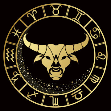 Taurus zodiac sign on a dark background with round gold frame