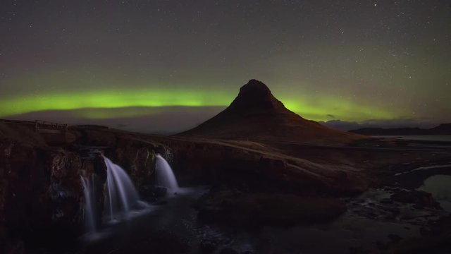 Kirkjufellsfoss Cinemagraph with aurora borealis in the background
