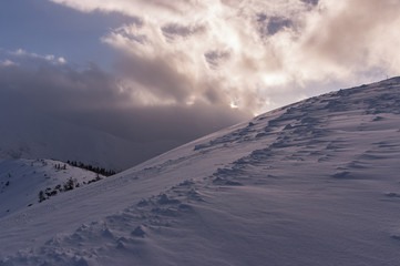 Naklejka na ściany i meble Winter mountain scenery during a blizzard. Western Tatra Mountains.