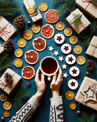 Winter New Year and Christmas background. Food flat lay. Linzer christmas ginger cookies with strawberry jam. Female hands in a sweater holding a cup of spicy tea. Gift boxes.