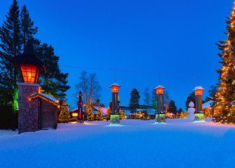 Arctic Circle Lanterns in Santa Village in Lapland Scandinavia night