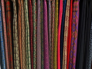 Thai silk fabric sell in the market of Thailand, background and texture