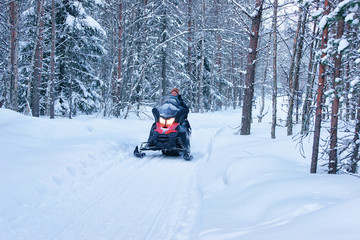 Fototapeta na wymiar Woman riding snowmobile at winter forest Rovaniemi Finland