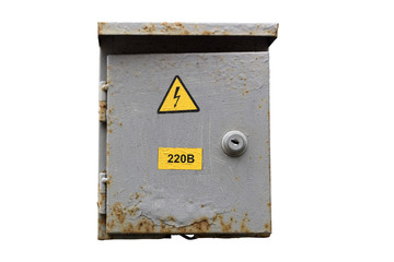 Rusty municipal electrical grey outdoor cabinet with lock and hazard sign isolated on white