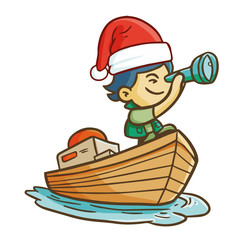 Cute and funny boy doing adventure wearing Santa's hat for Christmas - vector.