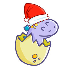 Cute and funny baby dinosaur wearing Santa's hat and smiling - vector.