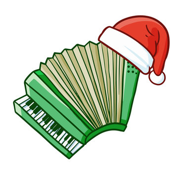 Funny and cute acordion wearing Santa's hat - vector.