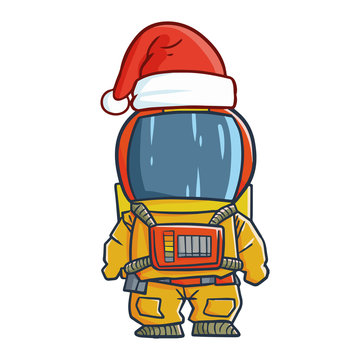 Cute and funny astronout wearing Santa's hat for Christmas and smiling - vector.