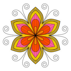 Colorful ornamental fantasy doodle flower isolated on white background. Black outline mandala. Floral circle element. Vector illustration.