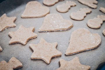 Different shaped gingerbread cookies ready to be baked