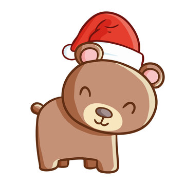 Cute and funny baby bear wearing Santa's hat for Christmas and smiling - vector.