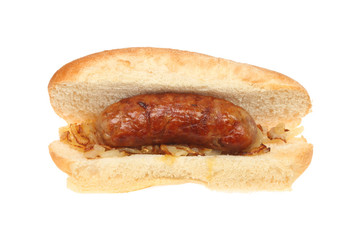 Sausage and fried onion in a roll