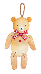 Little decorative teddy bear children toy with red plaided bow and red heart on a string. Hand drawn watercolour illustration, isolated on white background. Warm and cosy christmas tree decoration.