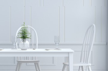 White eating room decorated with tree in vase glass,white chair and desk,window,flower,fork,spoon,wine glass, White wall it is pattern, The sun shines through the window into the shadow. 3d render.