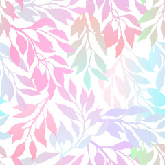 Fototapeta premium Multicolored gradient leafs and branches on a white background, bright floral pattern, romantic seamless background. Vector illustration.