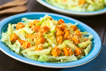 Frischer Salat aus Kürbis, grünem Apfel, Couscous und Eisberg Salat, fotografiert mit natürlichem Licht (Selektiver Fokus, Fokus in die Mitte des Salats)