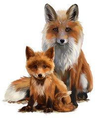 Fox mom and cub watercolor painting