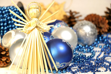 new year and Christmas celebrating composition with blue and silver balls 