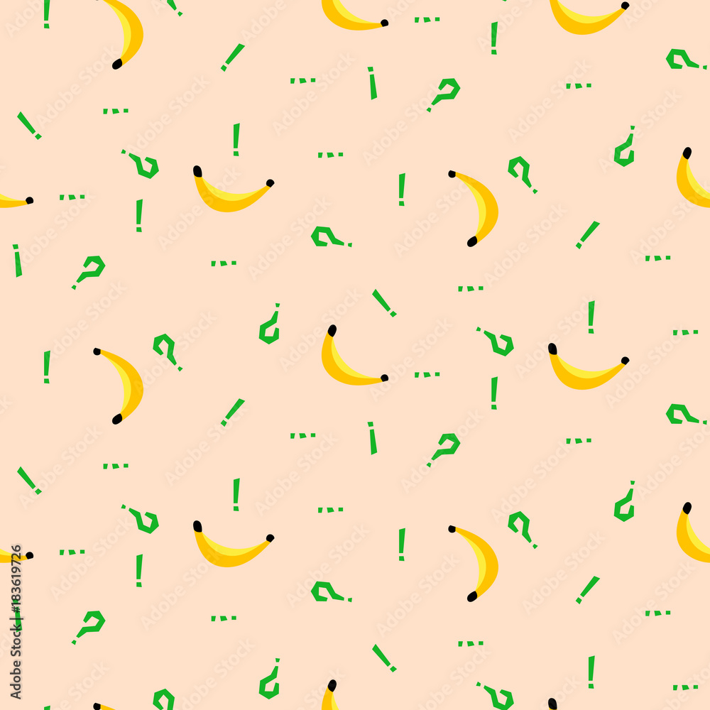 Wall mural Banana and punctuation marks simple vetor seamless background. Textile fabric green yellow fruit pattern. Baby simple apparel and linen design.