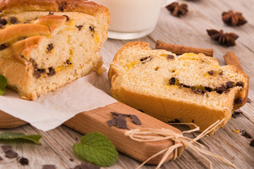 Brioche with chocolate chips.