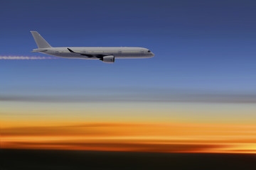 Fototapeta na wymiar Passagierflugzeug über den Wolken bei Sonnenuntergang