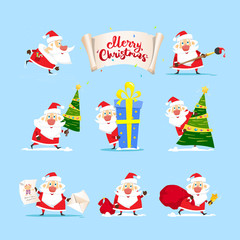 Santa Claus collection. Merry Christmas tree, gifts. Vector
