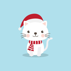 Christmas Cat Kitten cartoon character. A Cute Kitten standing on blue background. Flat design Vector illustration. Happy Merry Christmas invitation card.
