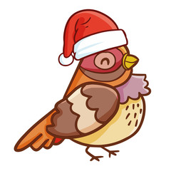 Funny and cute brown bird wearing Santa's hat for Christmas and smiling - vector.