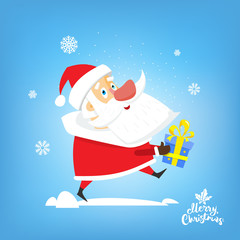 Santa Claus with new year gift in hand. Vector, illustration