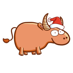 Funny and cute buffalo wearing Santa's hat and smiling - vector.