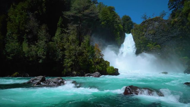 Huge waterfall in Chilean scenery Huilo Huilo