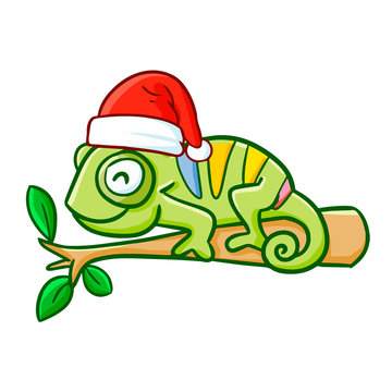 Cute and funny chameleon wearing Santa's hat and smiling - vector.