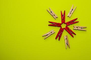 Set of colored pegs for clothes.Backgrounds, Textures, Clean & Wash, Housework Concept. Colorful  Background With Wooden Objects,A Lot Of Copy Space. Studio Shot of a Wooden Peg.Colored Clothespegs.