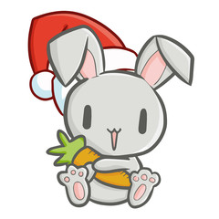 Cute and funny bunny holding carrot wearing Santa's hat for Christmas sitting and smiling - vector.